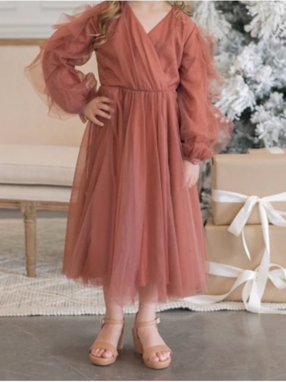 Dainty Jewells Rust Tulle Wrap-Style Dress with Puff Sleeves